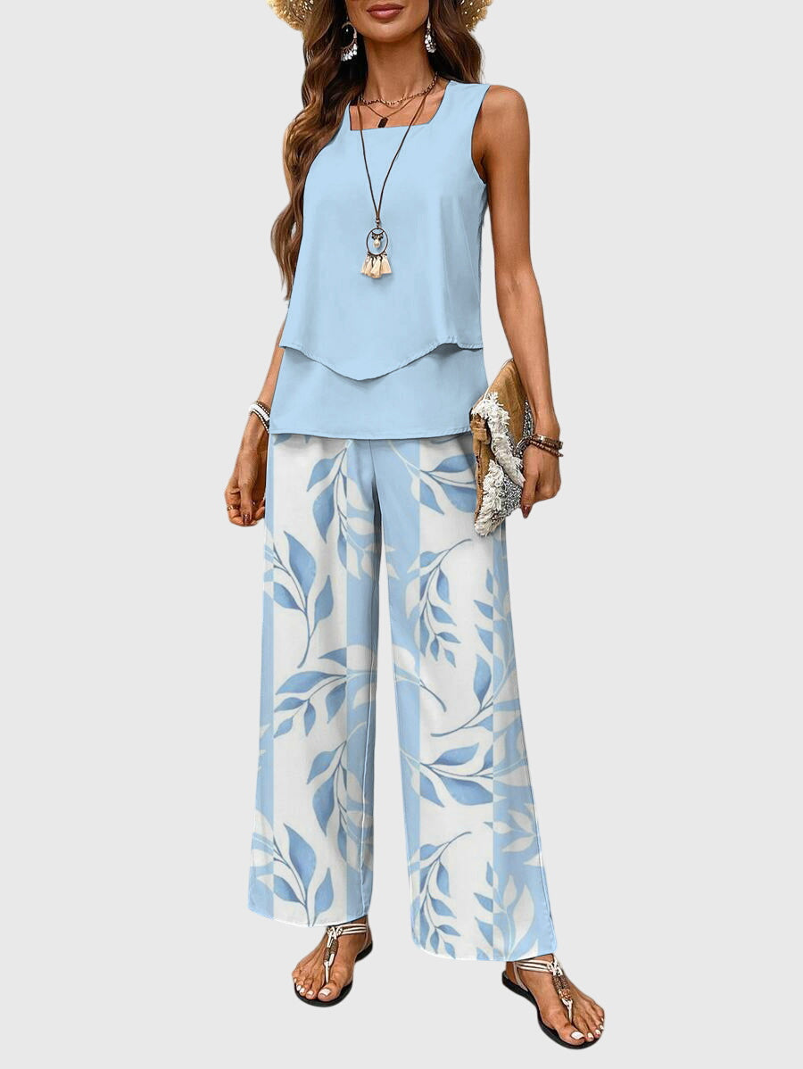 Blue Women's Square Neck Top & Wide Leg Pants Set product view 1 - Delvore