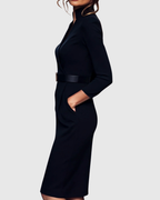 Women's Belted Pencil Midi Dress, Mock Wrap V Neck 3/4 Sleeve Fitted Work Dress, Smart Office Occasion Dress for Women UK - Cararush