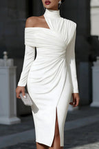 Asymmetric High Neck Long Sleeve Midi Dress - Cararush