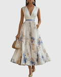 White Women's Floral Pleated V-Neck Maxi Dress product view 1 - Delvore