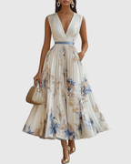 White Women's Floral Pleated V-Neck Maxi Dress product view 1 - Delvore