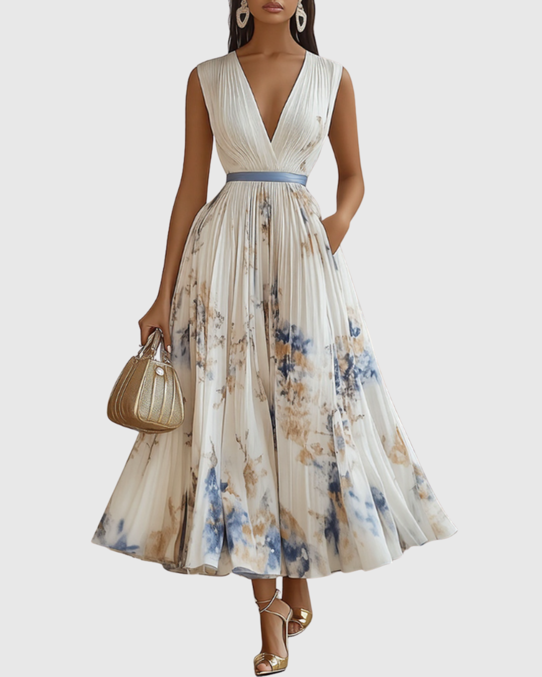 White Women's Floral Pleated V-Neck Maxi Dress product view 1 - Delvore