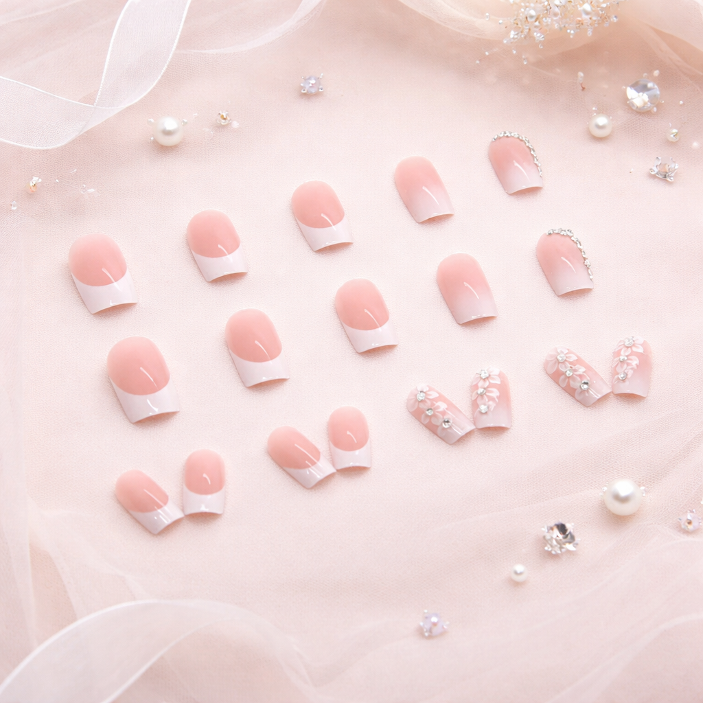 Elegant Floral Nail Art Kit with 24 Short French Nails & Adhesive for Stunning Manicure