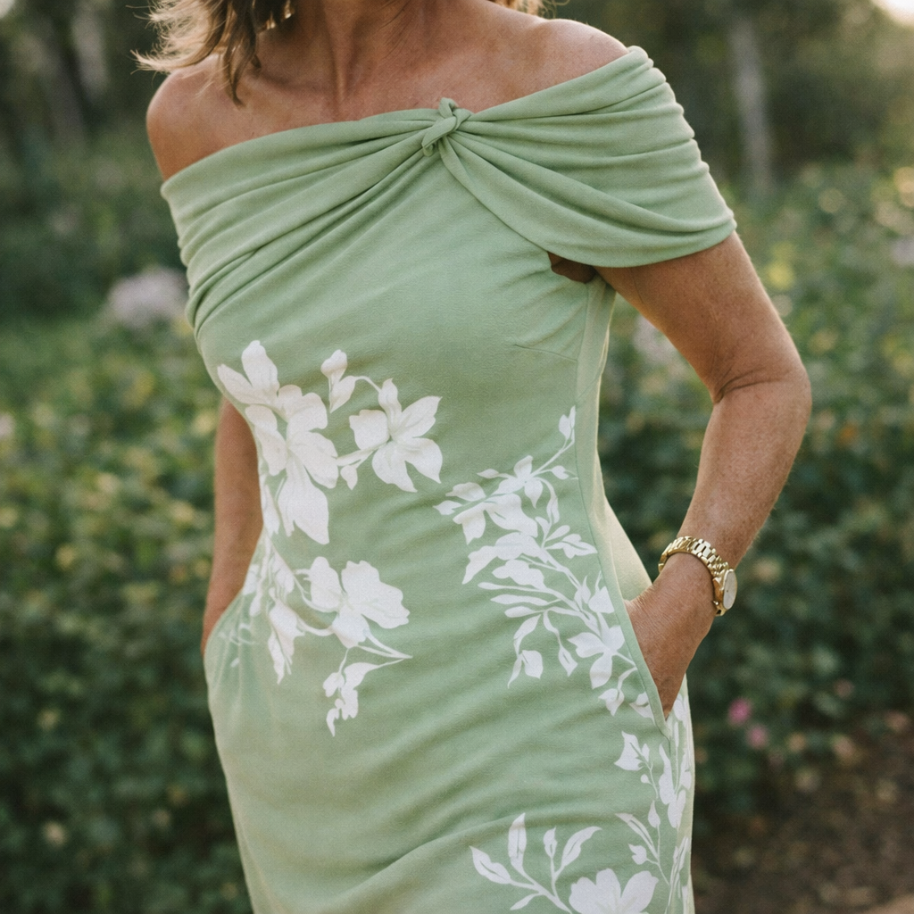 Women's Floral Off Shoulder Ruched Midi Dress product view 2 - Delvore