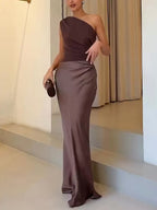 Women's One Shoulder Satin Pleated Maxi Dress product view 9 - Delvore