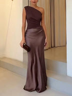 Brown Women's One Shoulder Satin Pleated Maxi Dress product view 1 - Delvore