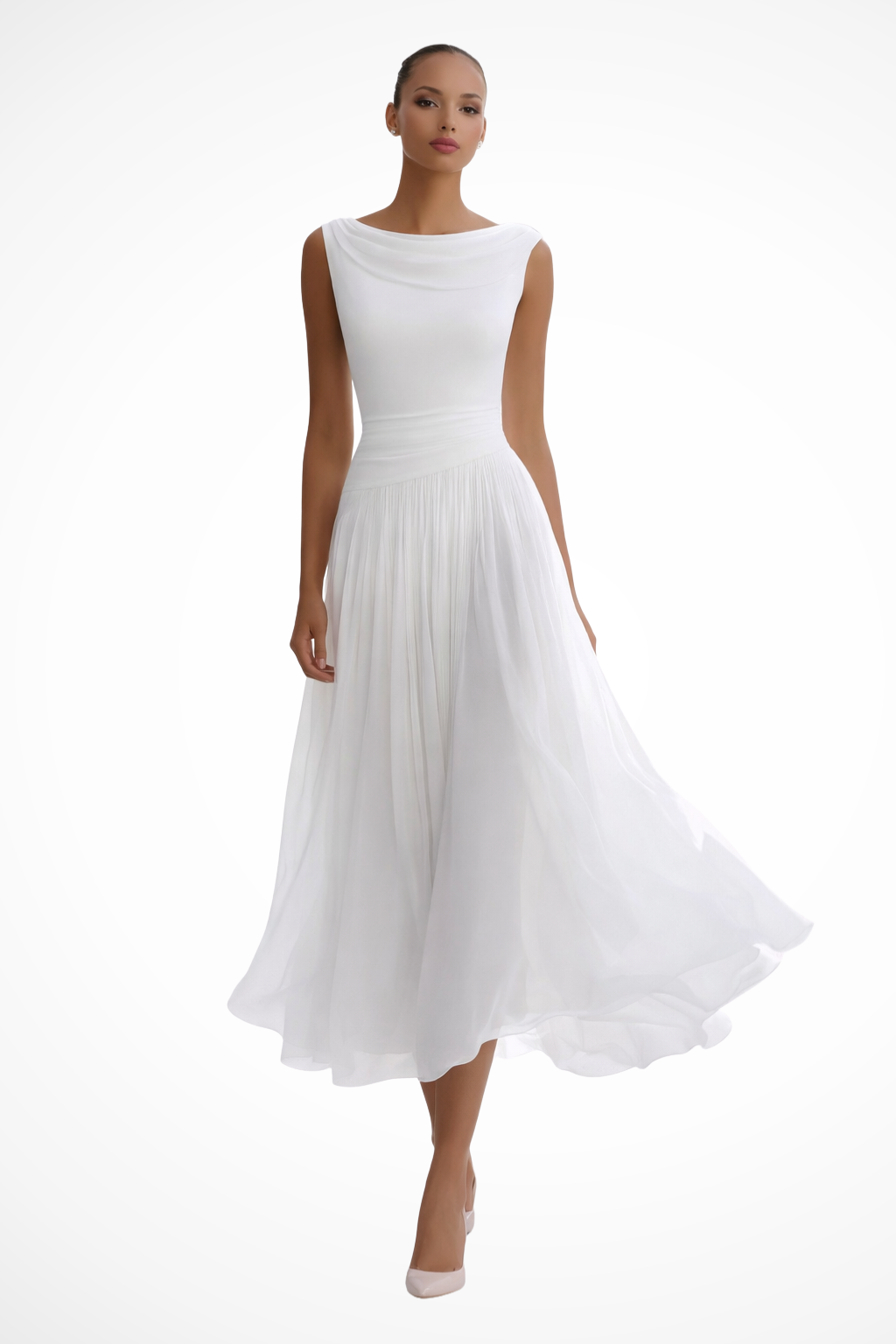 White Draped Neck Pleated Midi Dress product view 1 - Delvore