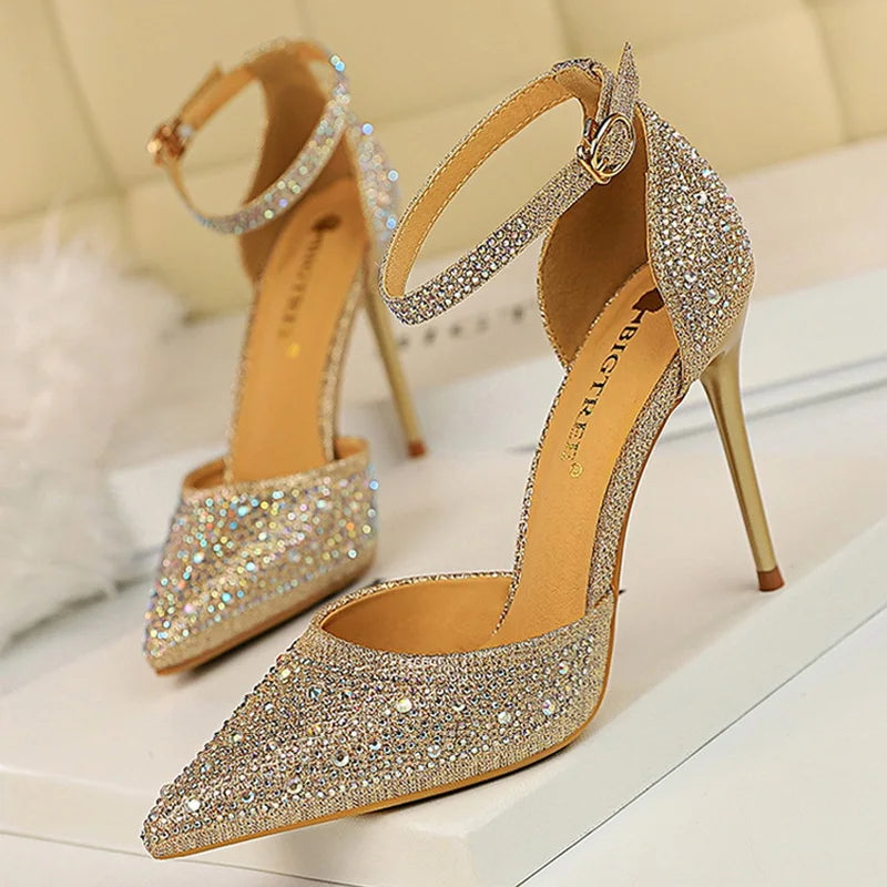 Rhinestone Ankle Strap Stilettos