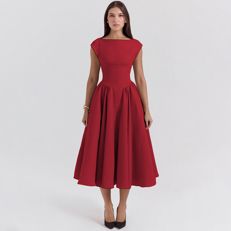 Wine Red Mock Neck Open Back A-Line Midi Dress product view 1 - Delvore