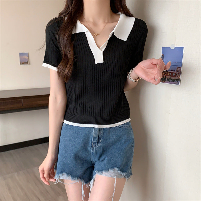 Contrast Collar Knit Polo Top - Cararush