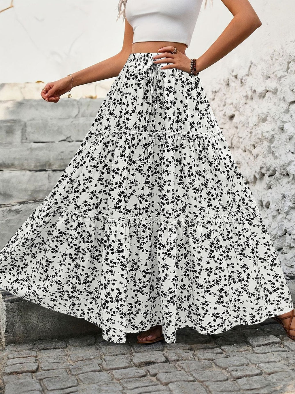 Floral Tiered Maxi Skirt with Belt product view 6 - Delvore