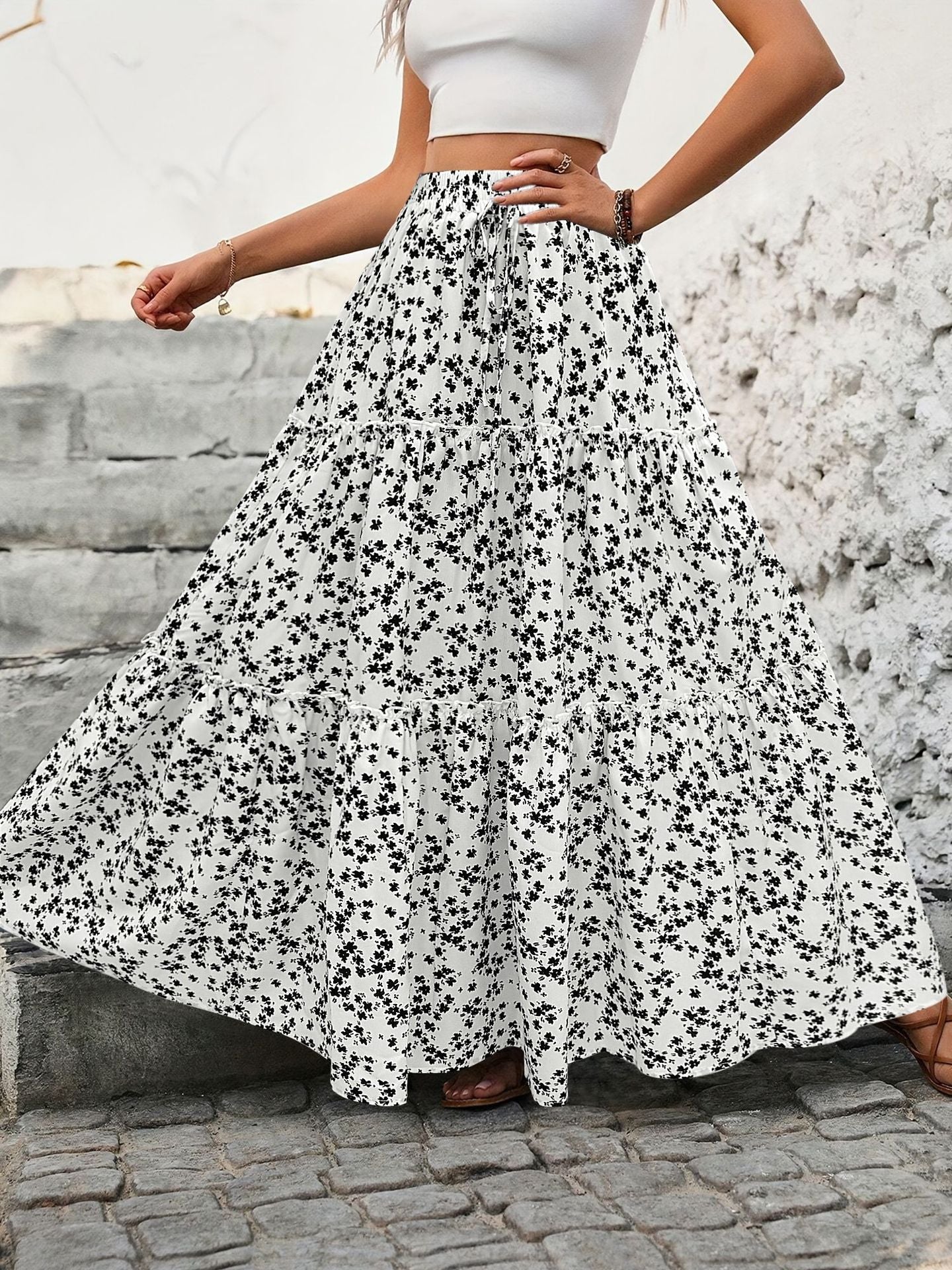 Floral Tiered Maxi Skirt with Belt product view 6 - Delvore