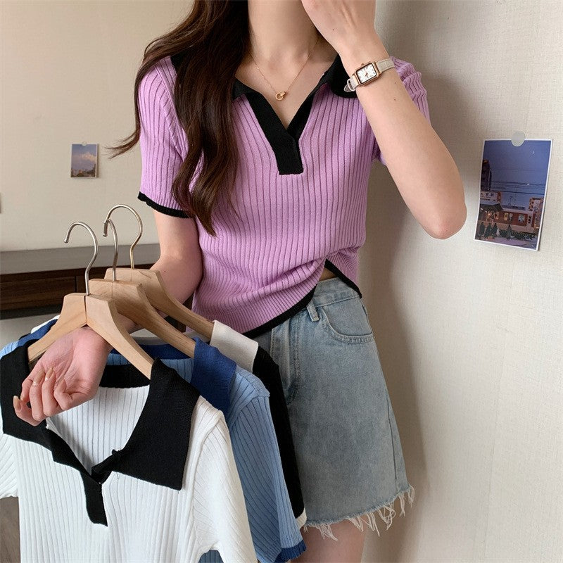 Contrast Collar Knit Polo Top - Cararush