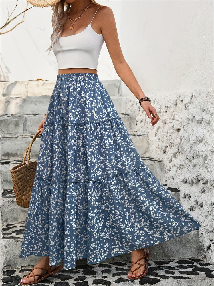 Blue Floral Tiered Maxi Skirt with Belt product view 1 - Delvore