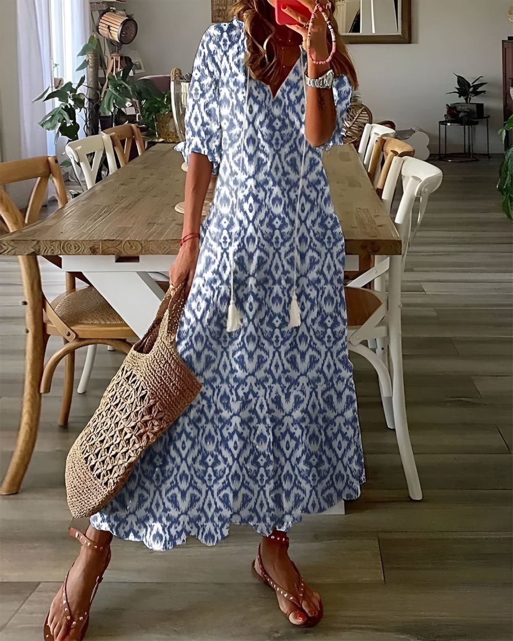 Blue (Almost sold out) Women's Floral Boho V-Neck Midi Dress product view 1 - Delvore