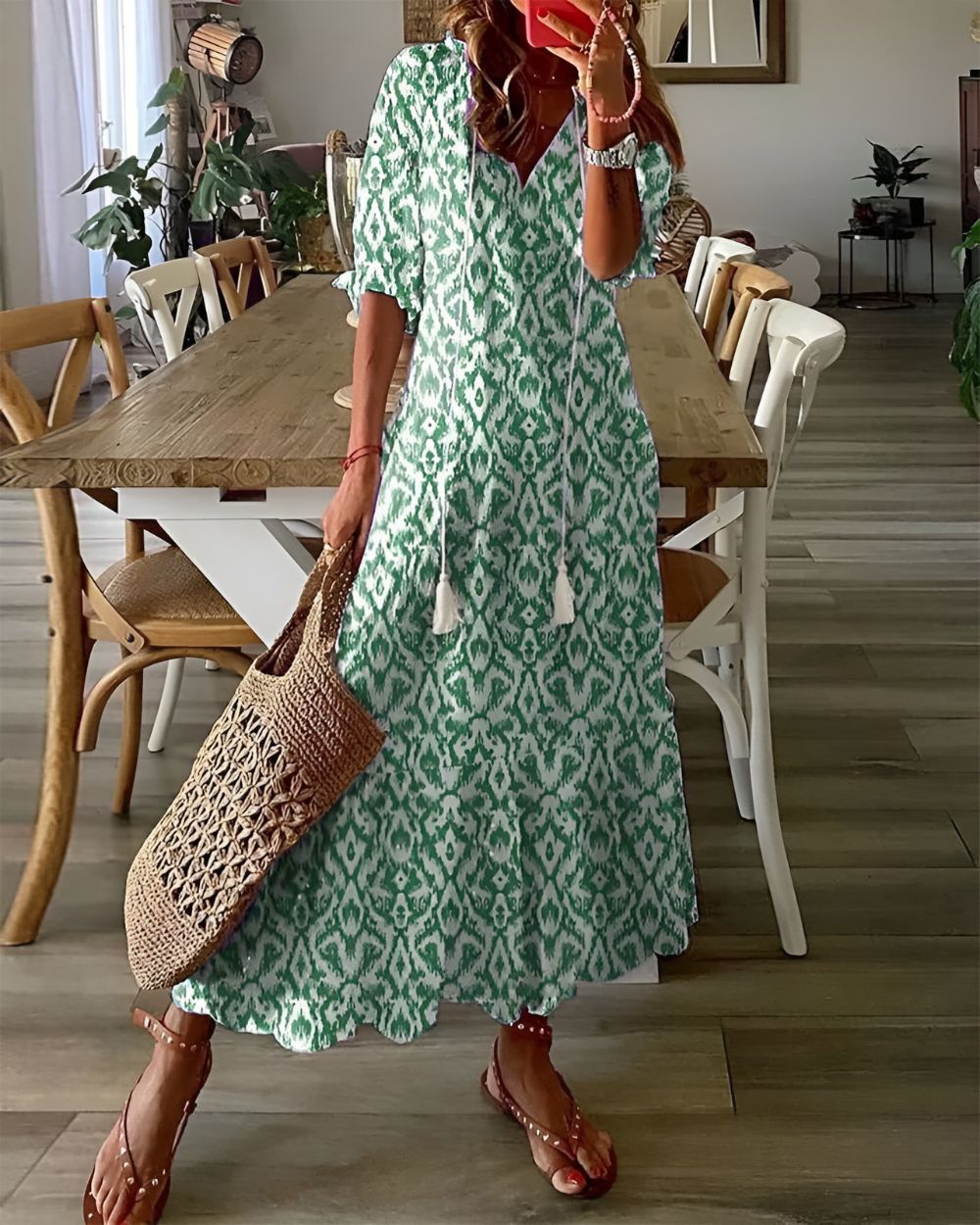 Women's Floral Boho V-Neck Midi Dress product view 2 - Delvore