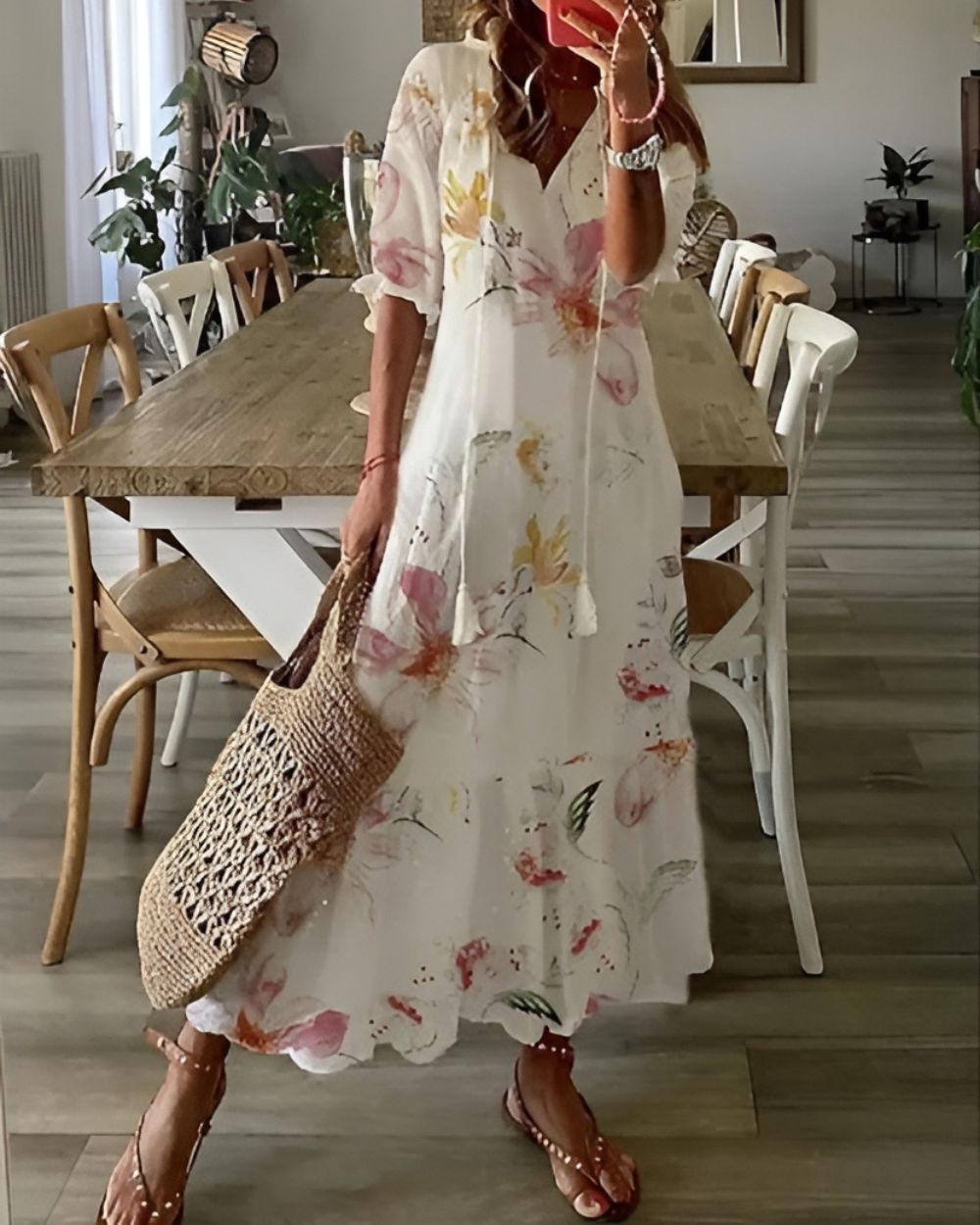 Women's Floral Boho V-Neck Midi Dress product view 6 - Delvore