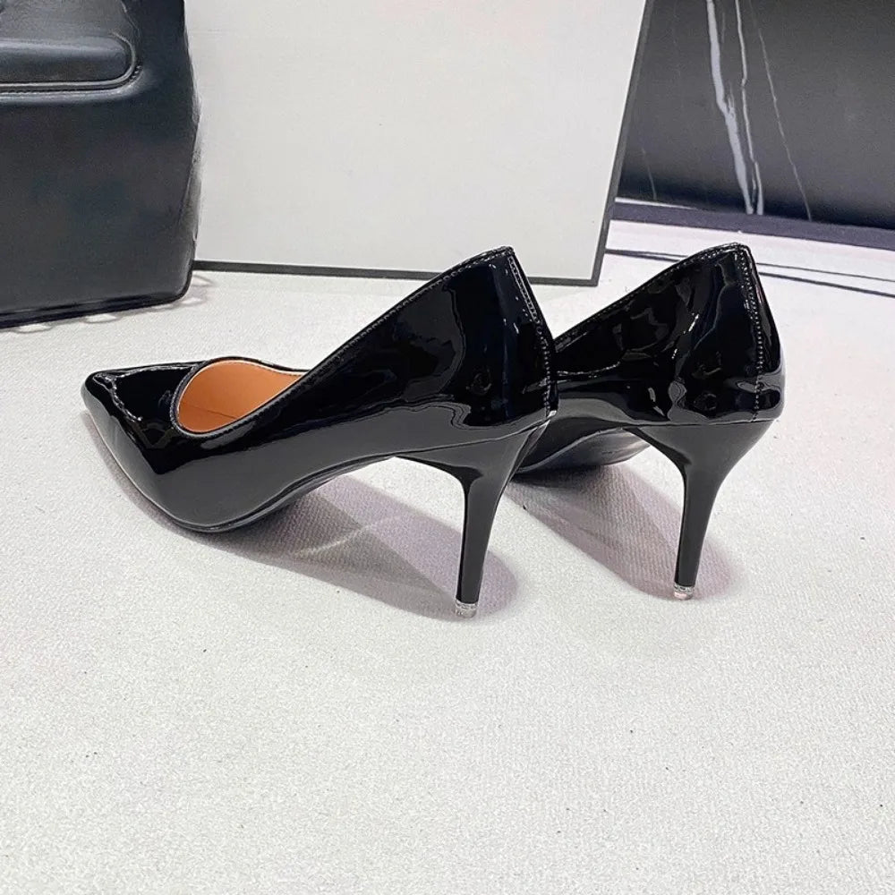Black Patent-Effect Stiletto Court Pumps