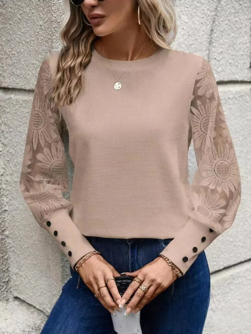 Floral Sleeve Waffle Top