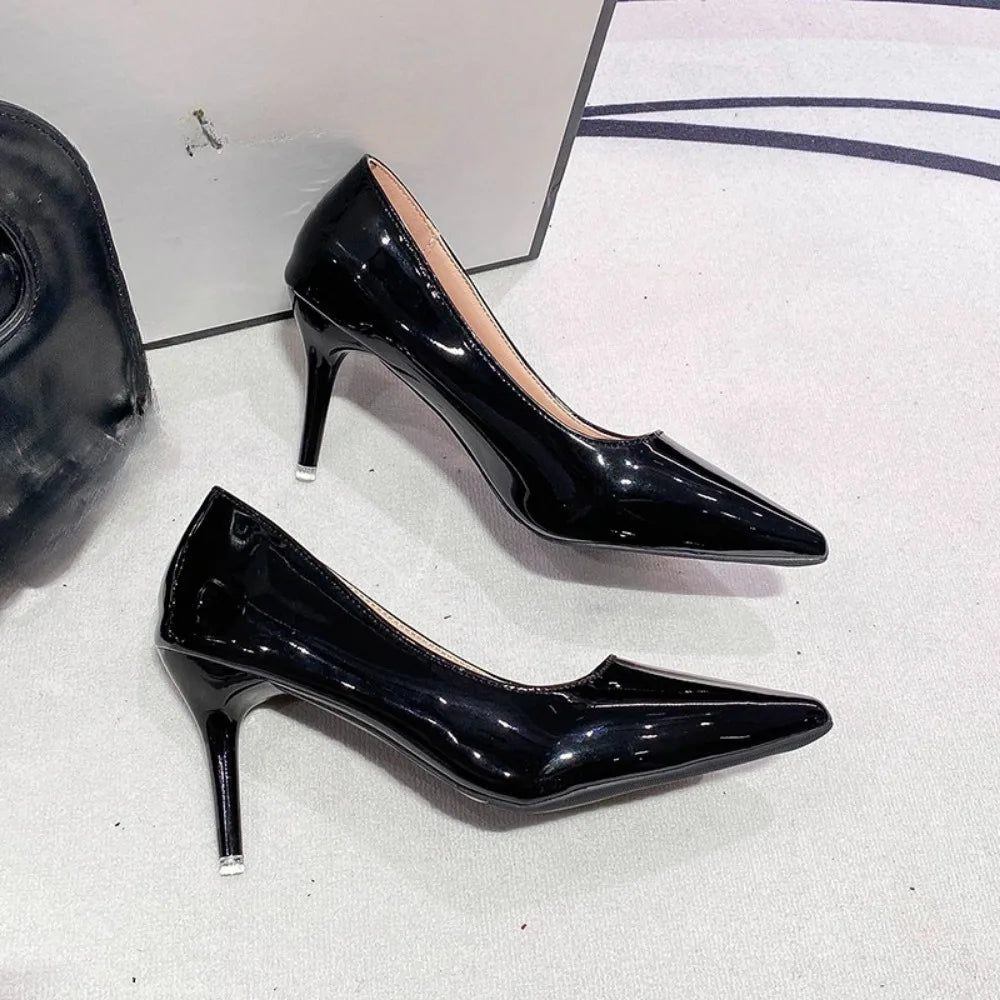 Black Patent-Effect Stiletto Court Pumps