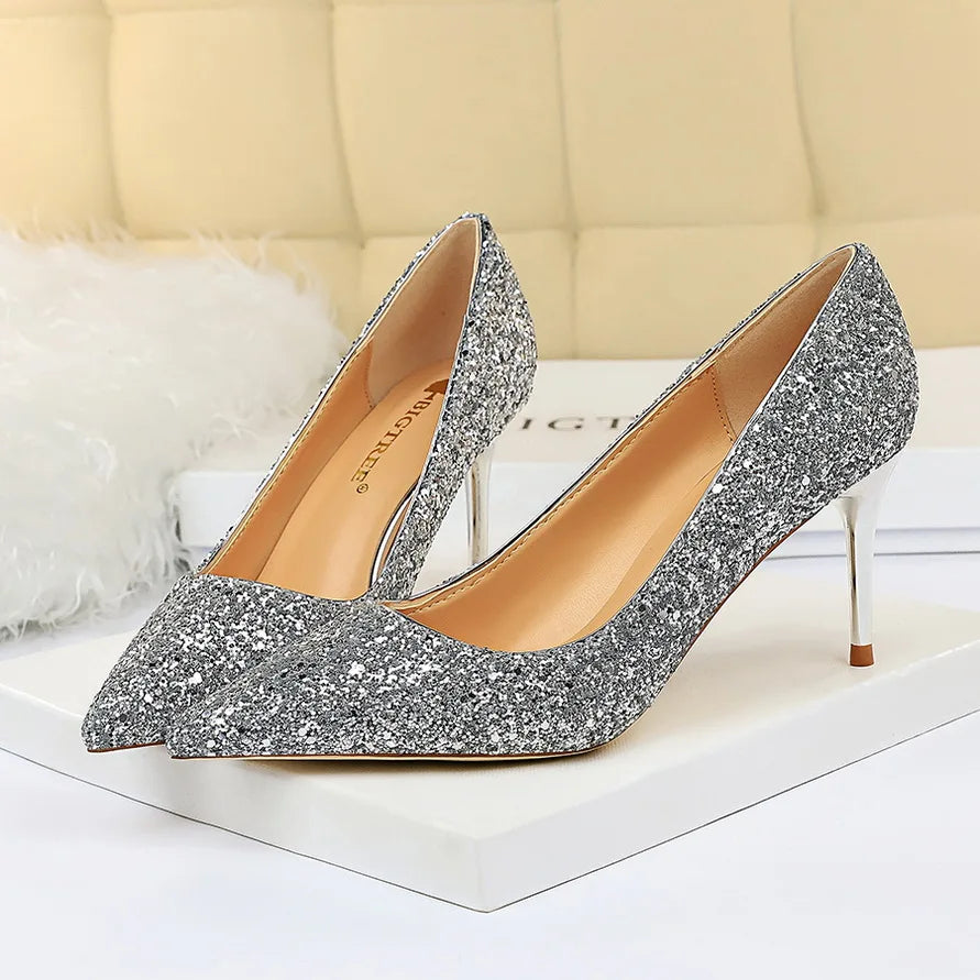 Glitter Pointed-Toe Bridal Pumps