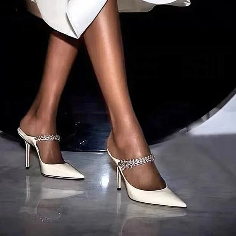 Rhinestone Chain Pointed Mule Heels