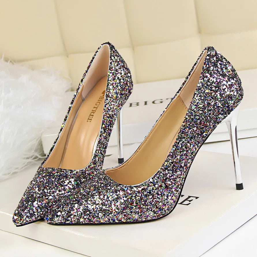 Glitter Pointed-Toe Bridal Pumps