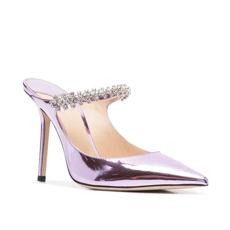 Rhinestone Chain Pointed Mule Heels