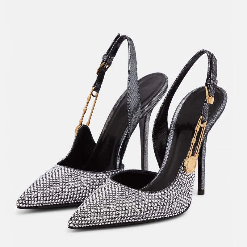 Rhinestone Satin Slingback Stiletto Pumps