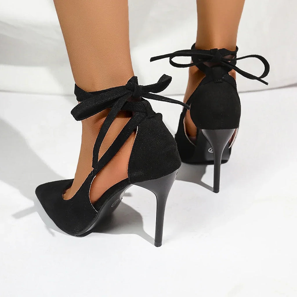 Black Suede Ribbon Tie Stiletto Heels product view 6 - Delvore