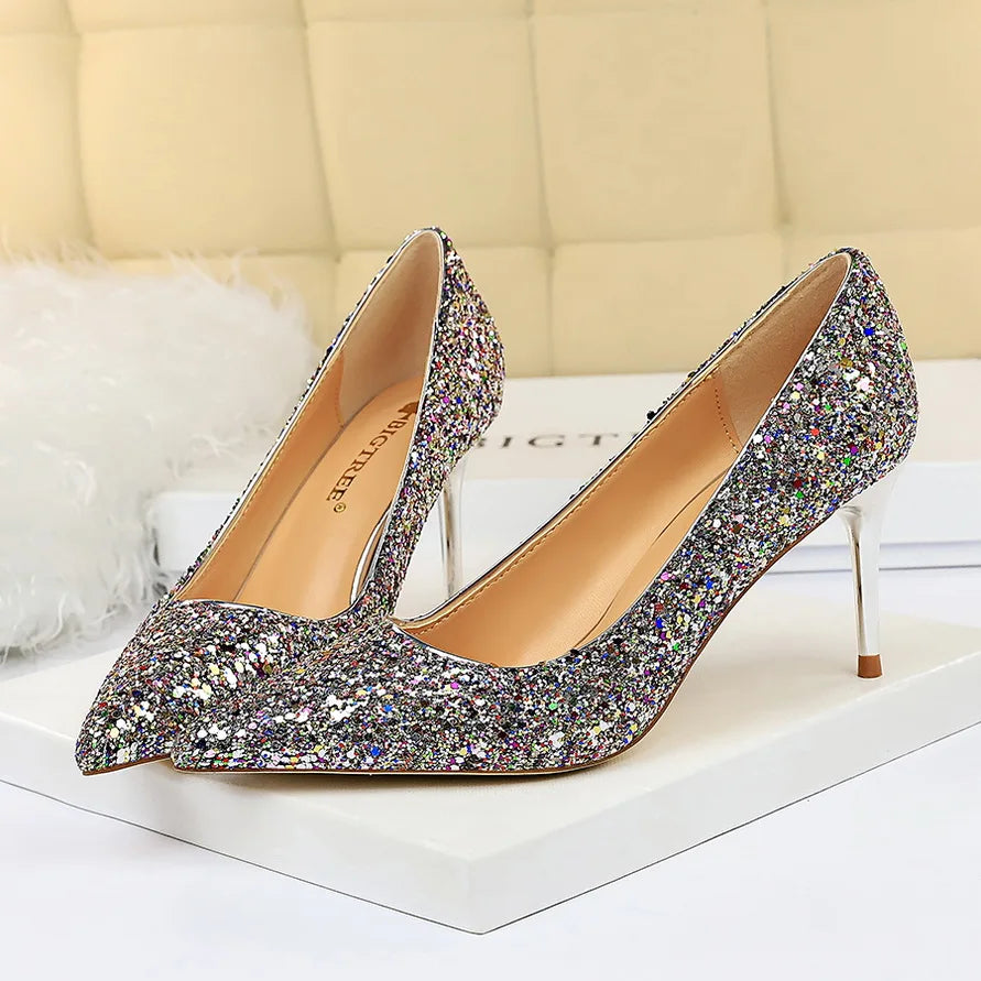 Glitter Pointed-Toe Bridal Pumps