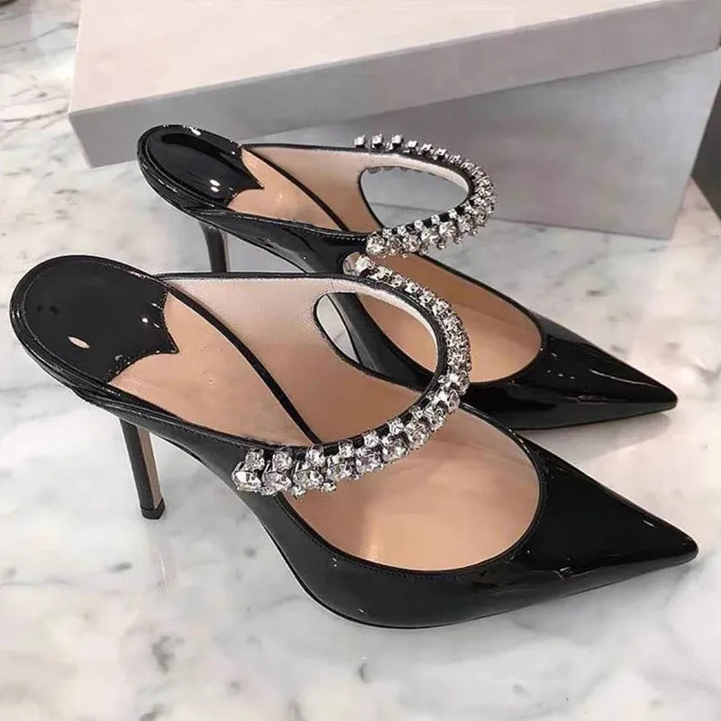 Rhinestone Chain Pointed Mule Heels