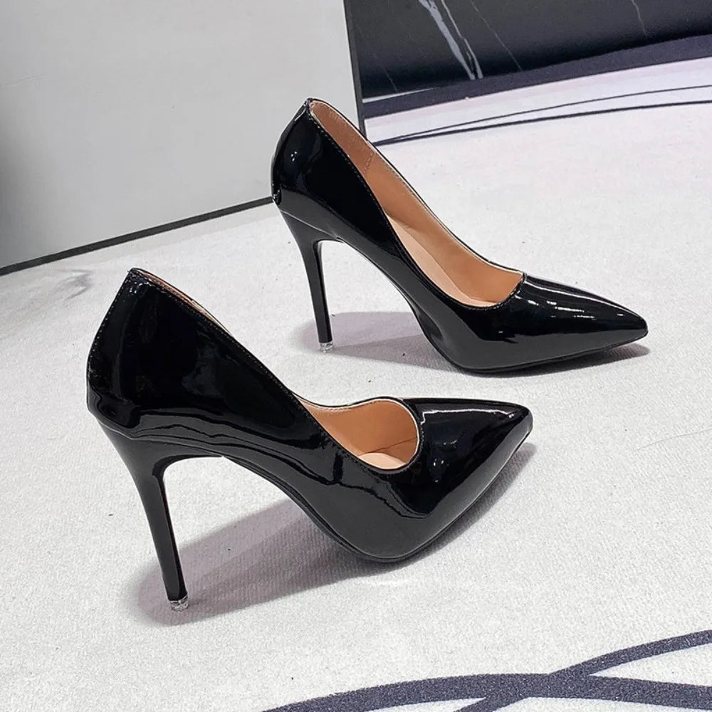 Black Patent-Effect Stiletto Court Pumps
