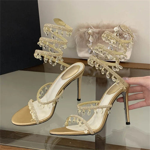 Crystal Charm Wraparound Stiletto Sandals