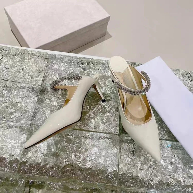 Rhinestone Chain Pointed Mule Heels