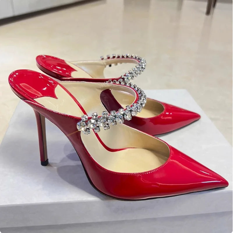 Rhinestone Chain Pointed Mule Heels