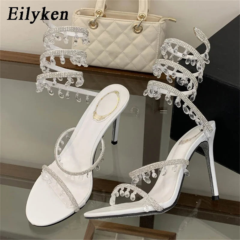 Crystal Charm Wraparound Stiletto Sandals
