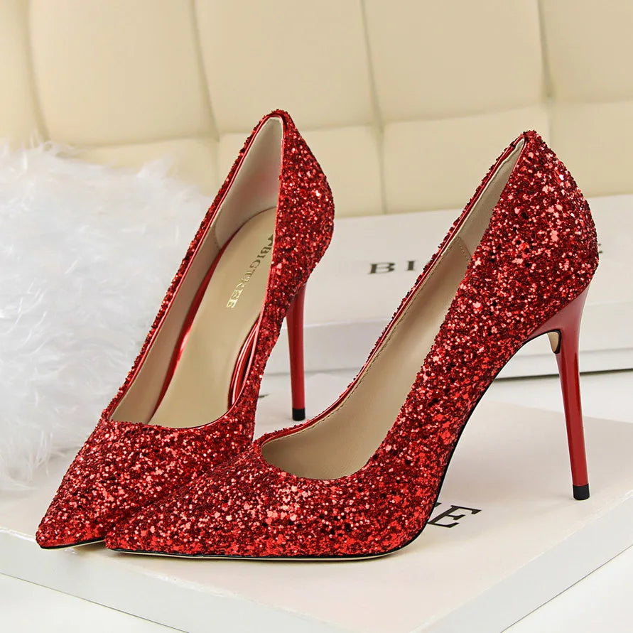 Glitter Pointed-Toe Bridal Pumps