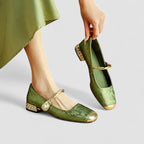 Women's Mary Jane Flat Shoes, Textured Fabric Gold Buckle Strap Ballet Flat, Smart Casual Everyday Shoes for Women product view 2 - Delvore