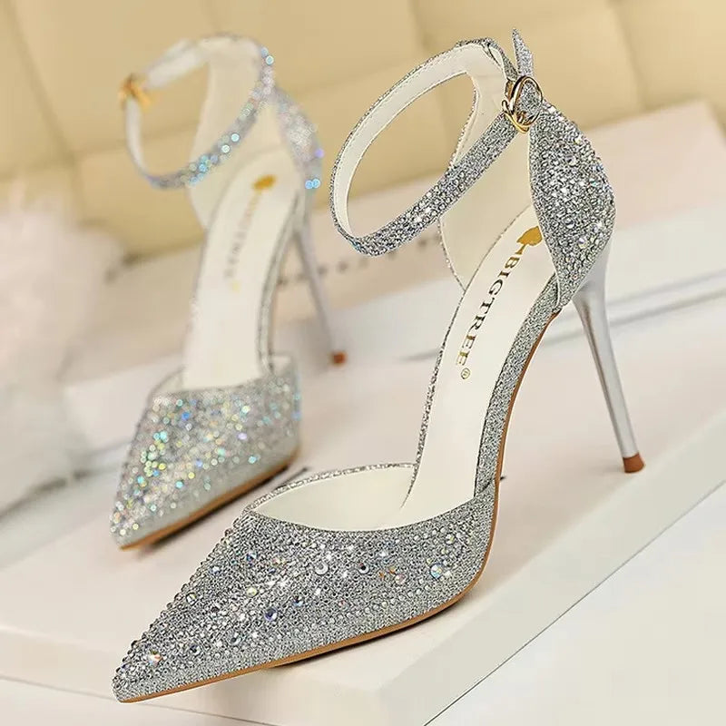 Rhinestone Ankle Strap Stilettos