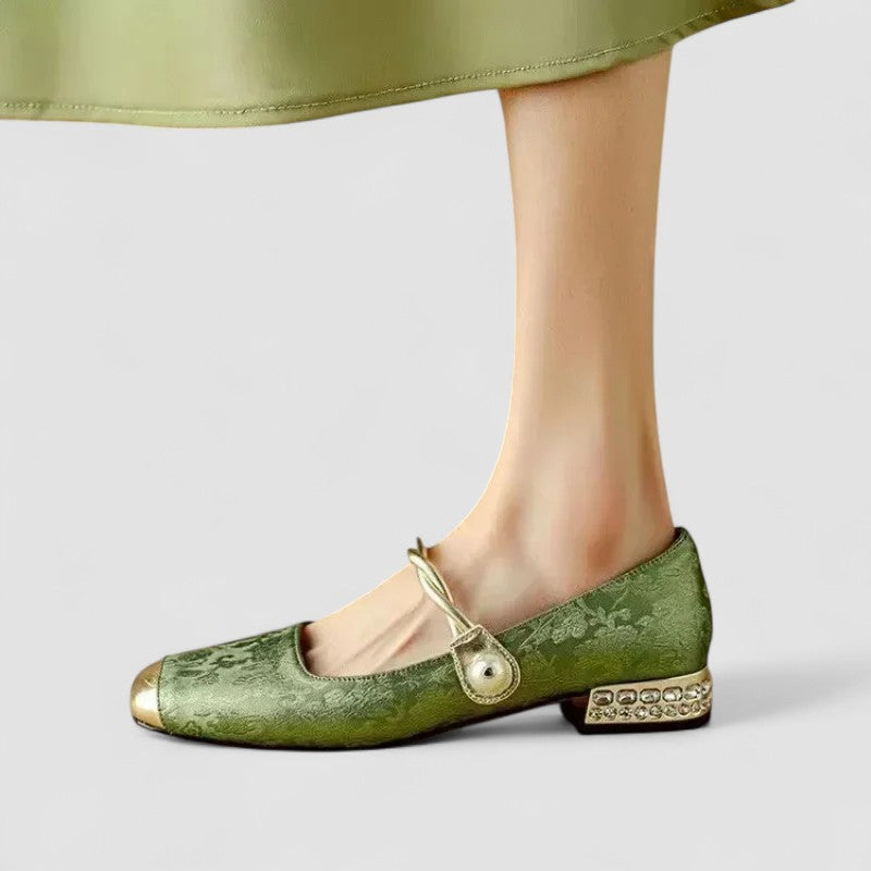 Women's Mary Jane Flat Shoes, Textured Fabric Gold Buckle Strap Ballet Flat, Smart Casual Everyday Shoes for Women product view 3 - Delvore