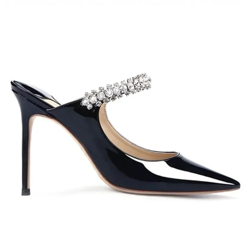 Rhinestone Chain Pointed Mule Heels