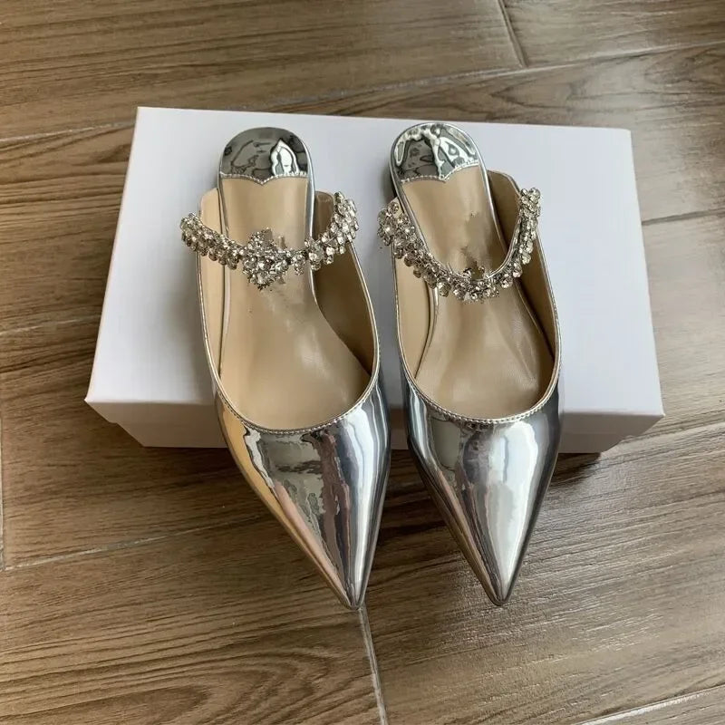 Rhinestone Chain Pointed Mule Heels