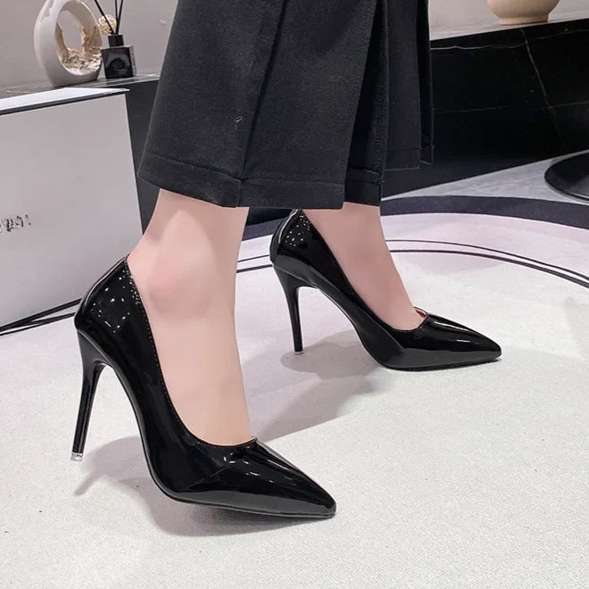 Black Patent-Effect Stiletto Court Pumps