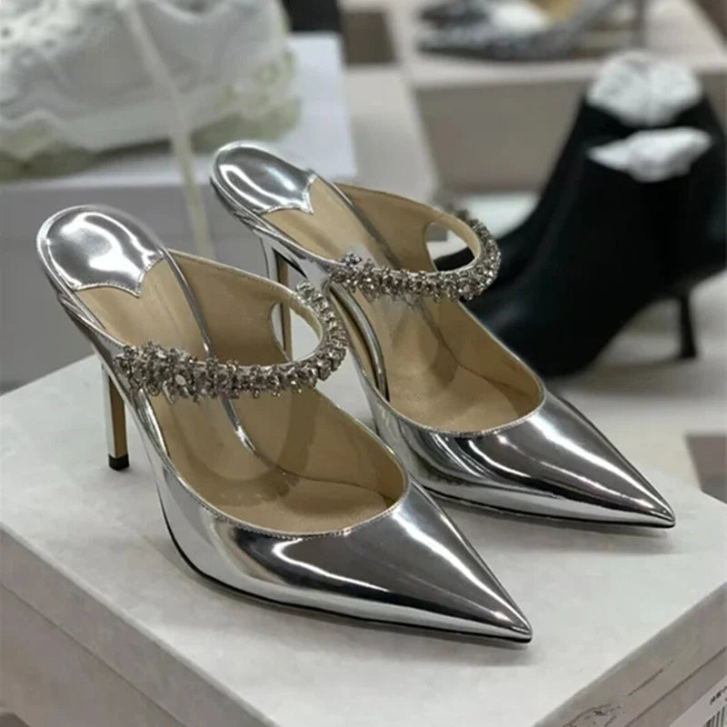 Rhinestone Chain Pointed Mule Heels