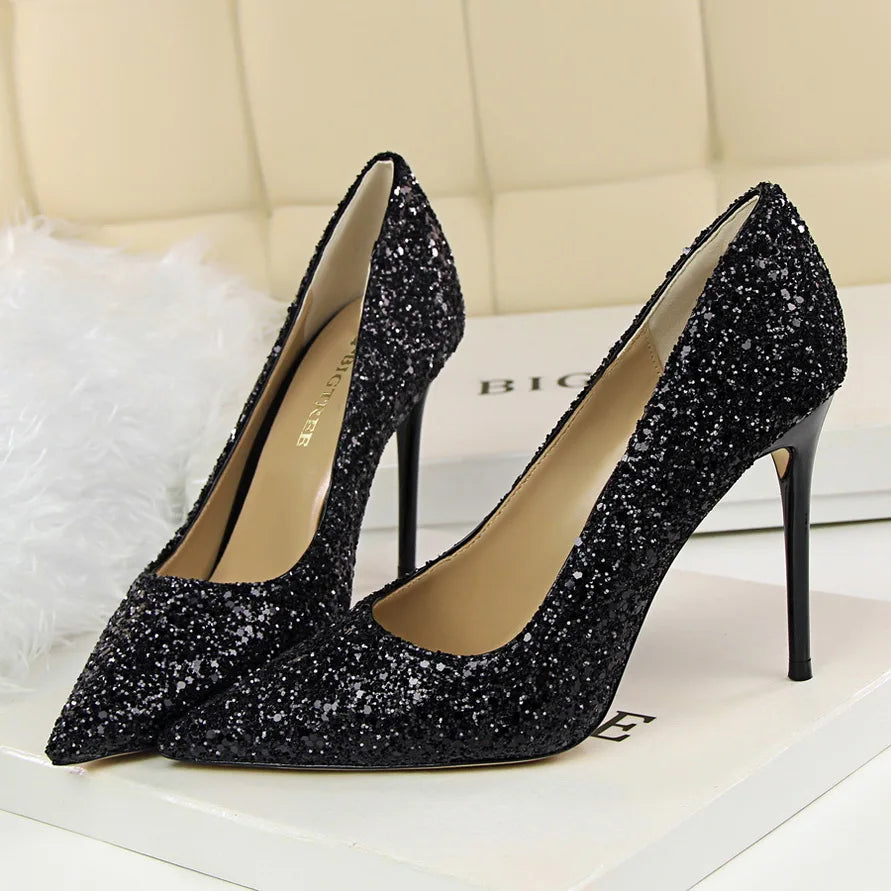 Glitter Pointed-Toe Bridal Pumps