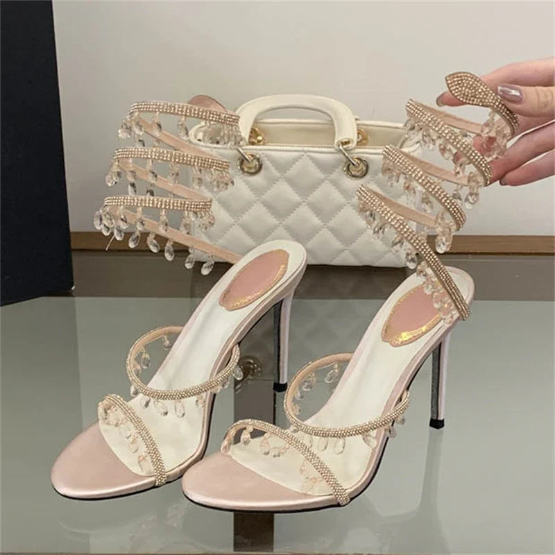 Crystal Charm Wraparound Stiletto Sandals
