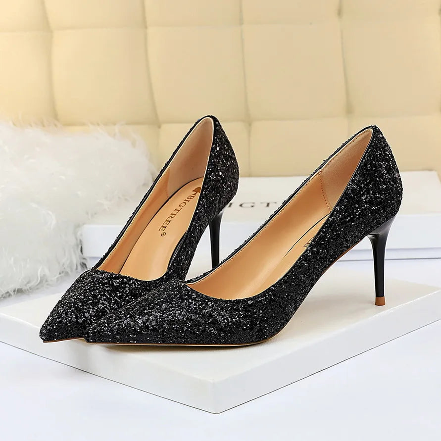 Glitter Pointed-Toe Bridal Pumps