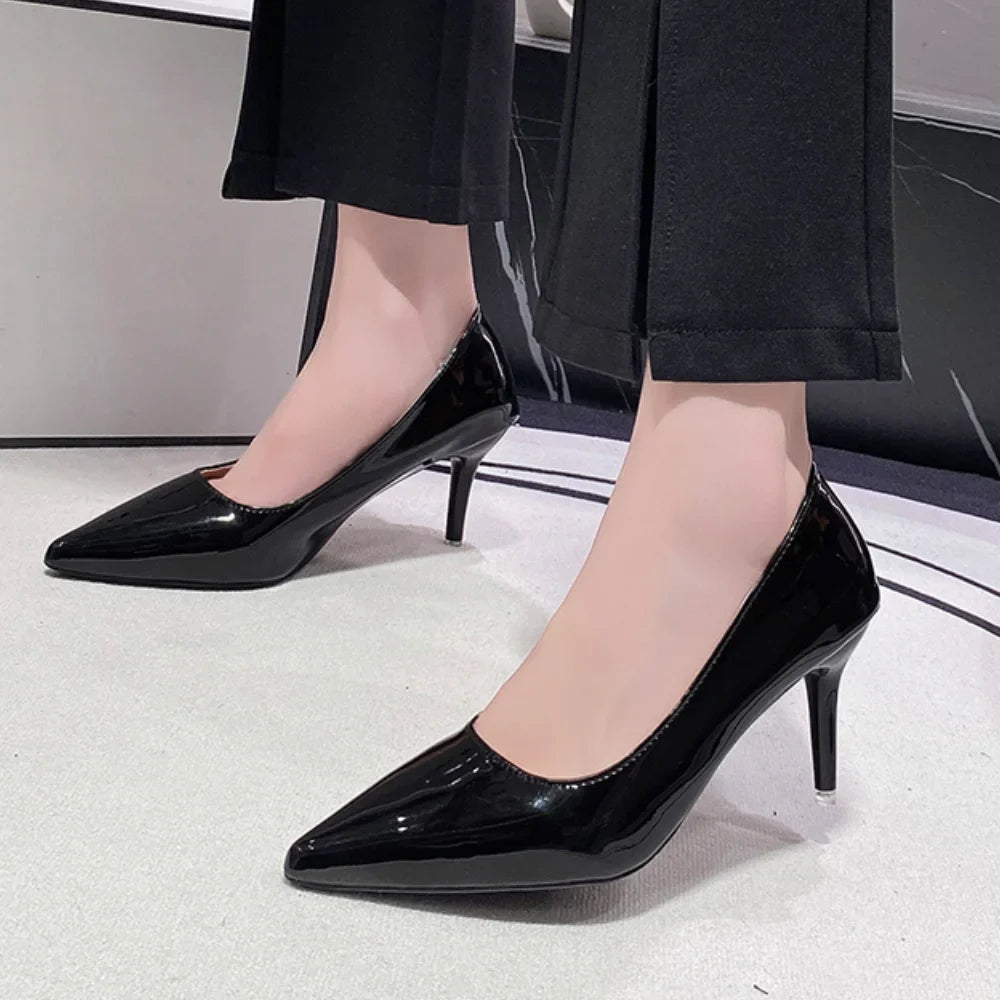 Black Patent-Effect Stiletto Court Pumps