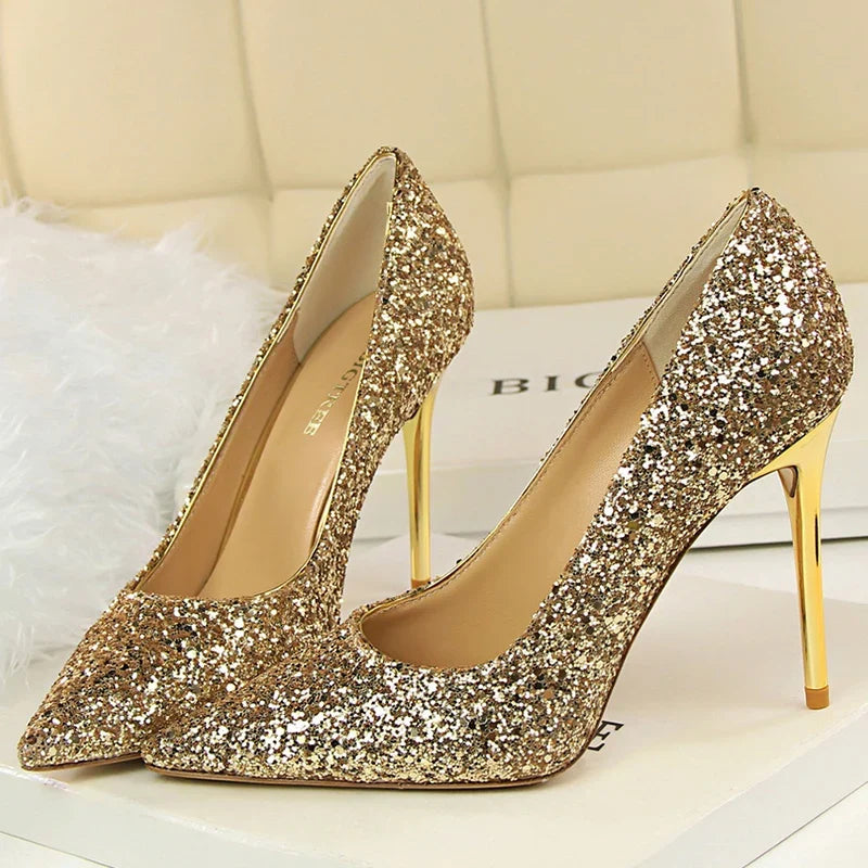 Glitter Pointed-Toe Bridal Pumps